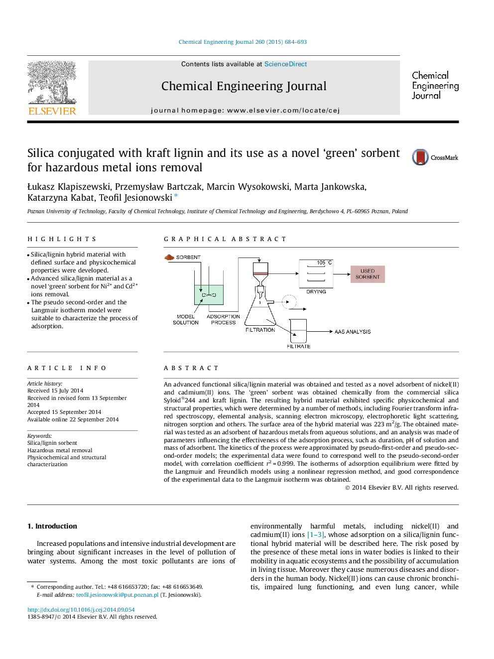 Silica conjugated with kraft lignin and its use as a novel ‘green’ sorbent for hazardous metal ions removal