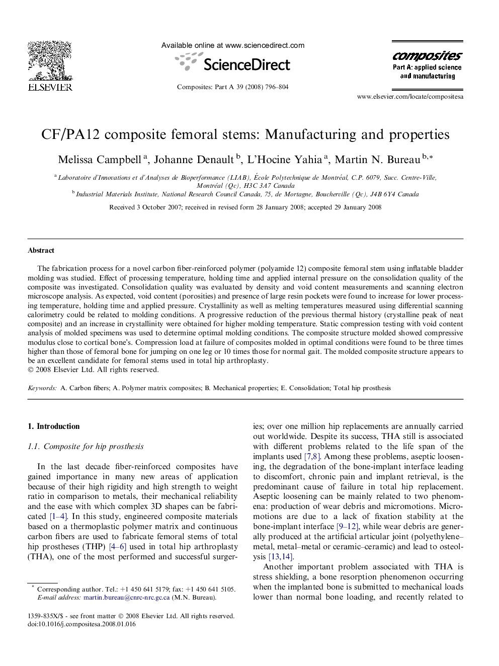 CF/PA12 composite femoral stems: Manufacturing and properties