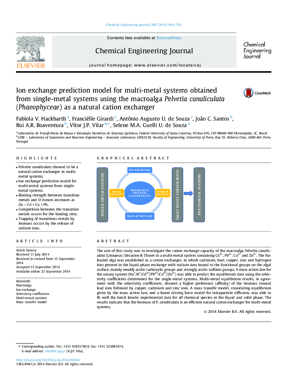 Ion exchange prediction model for multi-metal systems obtained from single-metal systems using the macroalga Pelvetia canaliculata (Phaeophyceae) as a natural cation exchanger