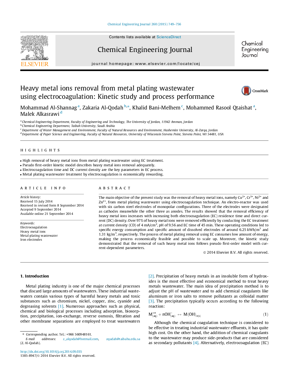 Heavy metal ions removal from metal plating wastewater using electrocoagulation: Kinetic study and process performance