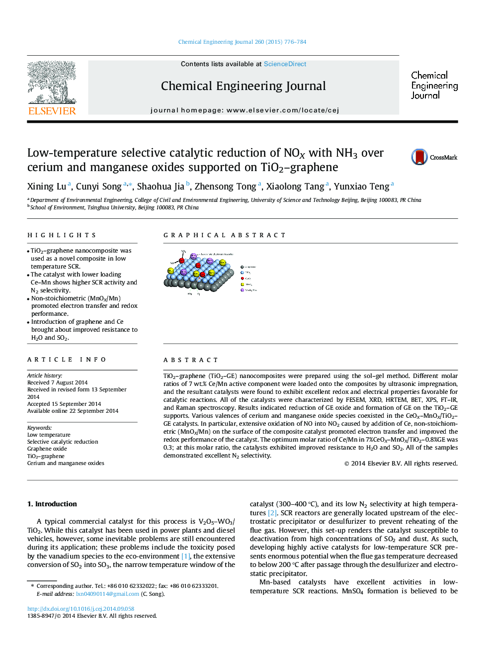 Low-temperature selective catalytic reduction of NOX with NH3 over cerium and manganese oxides supported on TiO2–graphene