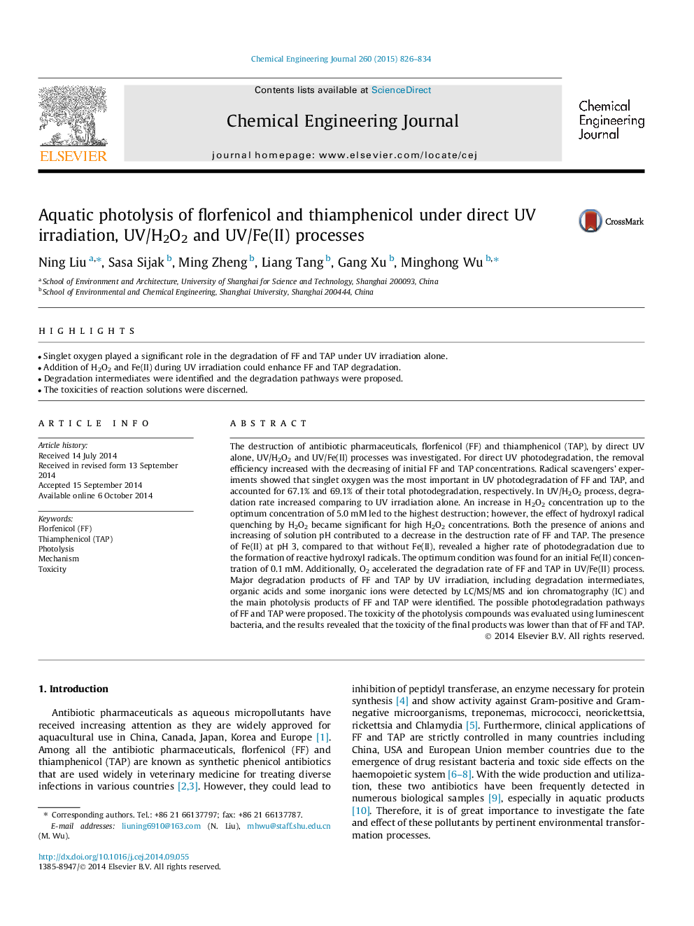 Aquatic photolysis of florfenicol and thiamphenicol under direct UV irradiation, UV/H2O2 and UV/Fe(II) processes