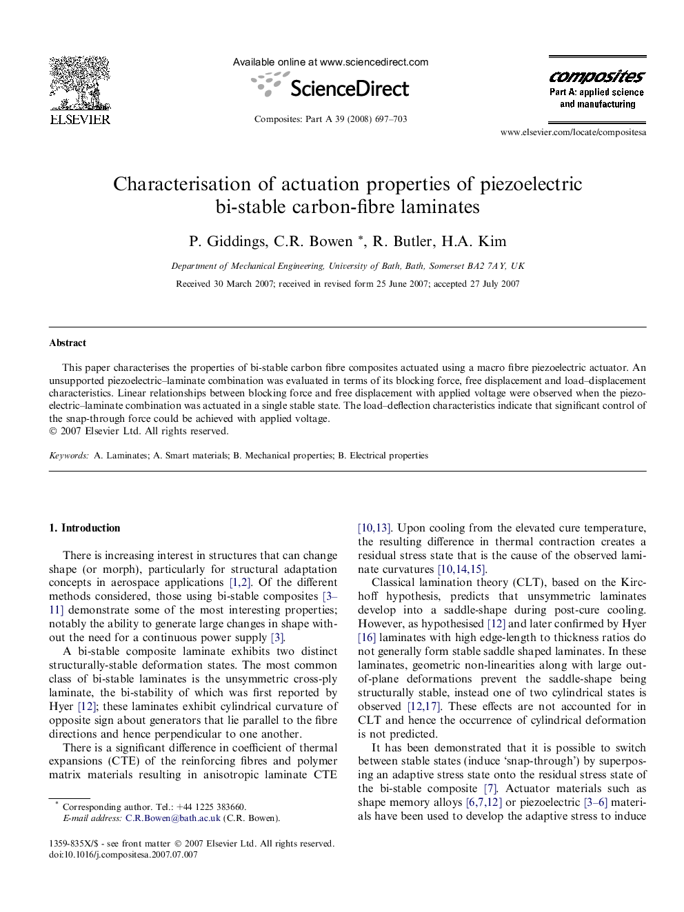 Characterisation of actuation properties of piezoelectric bi-stable carbon-fibre laminates