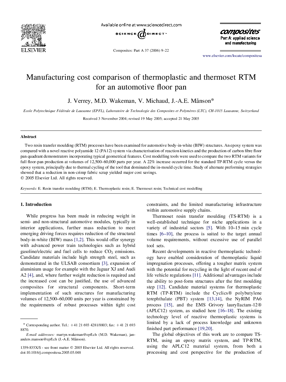 Manufacturing cost comparison of thermoplastic and thermoset RTM for an automotive floor pan