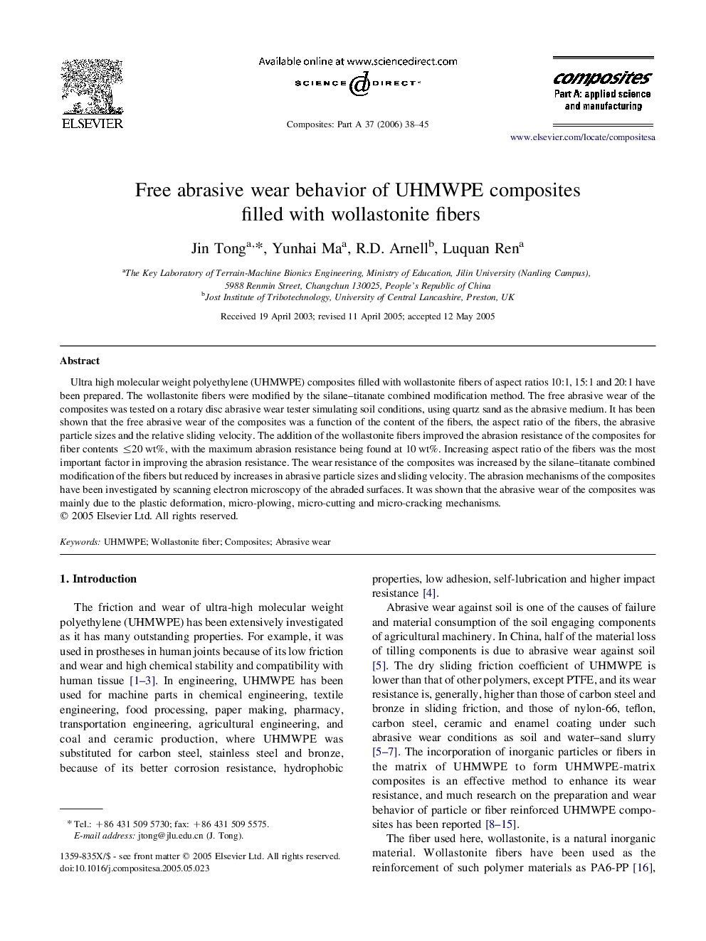 Free abrasive wear behavior of UHMWPE composites filled with wollastonite fibers