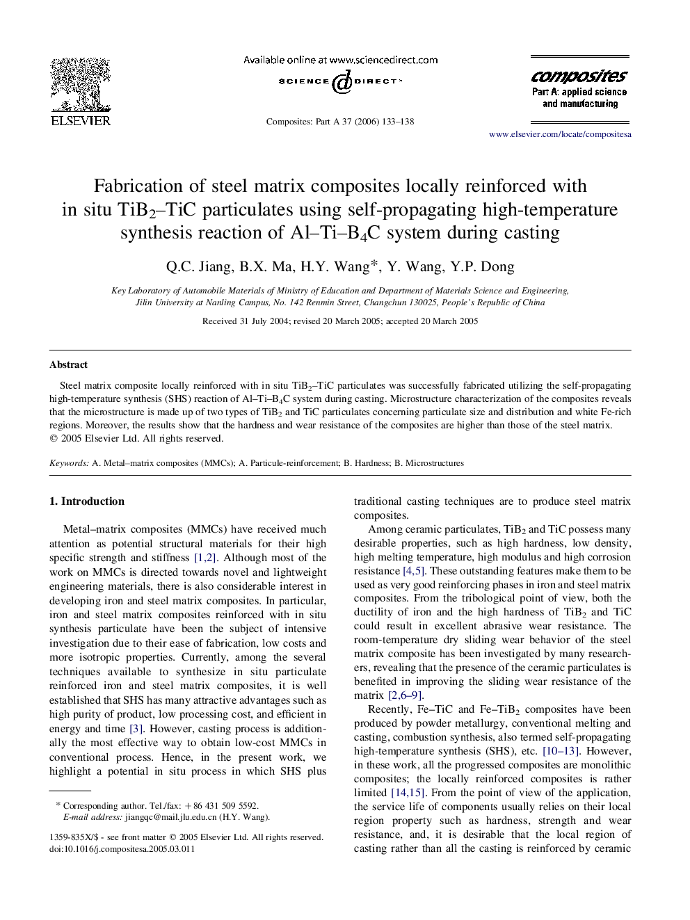 Fabrication of steel matrix composites locally reinforced with in situ TiB2–TiC particulates using self-propagating high-temperature synthesis reaction of Al–Ti–B4C system during casting