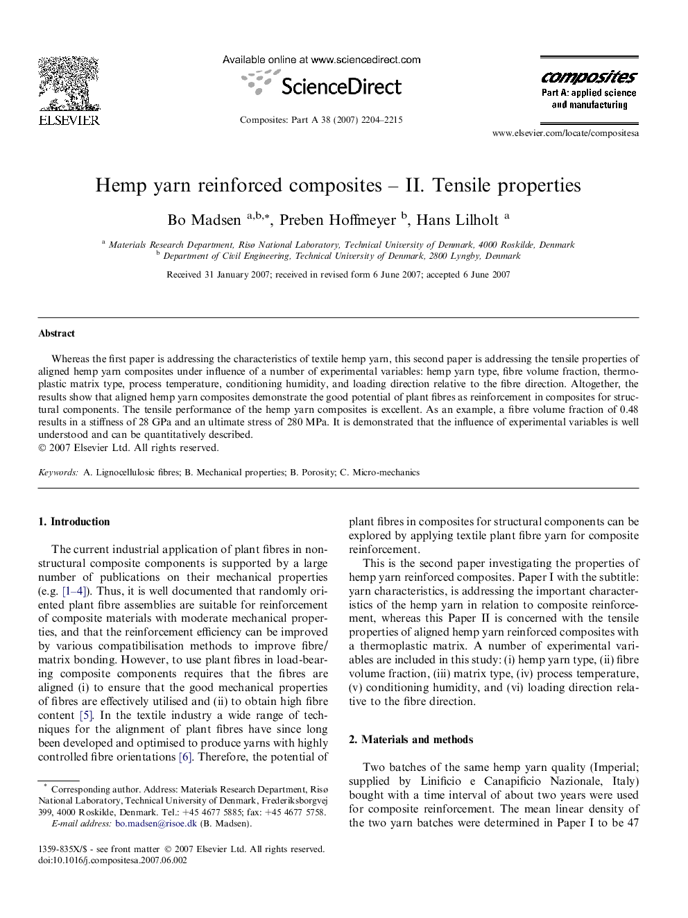 Hemp yarn reinforced composites – II. Tensile properties