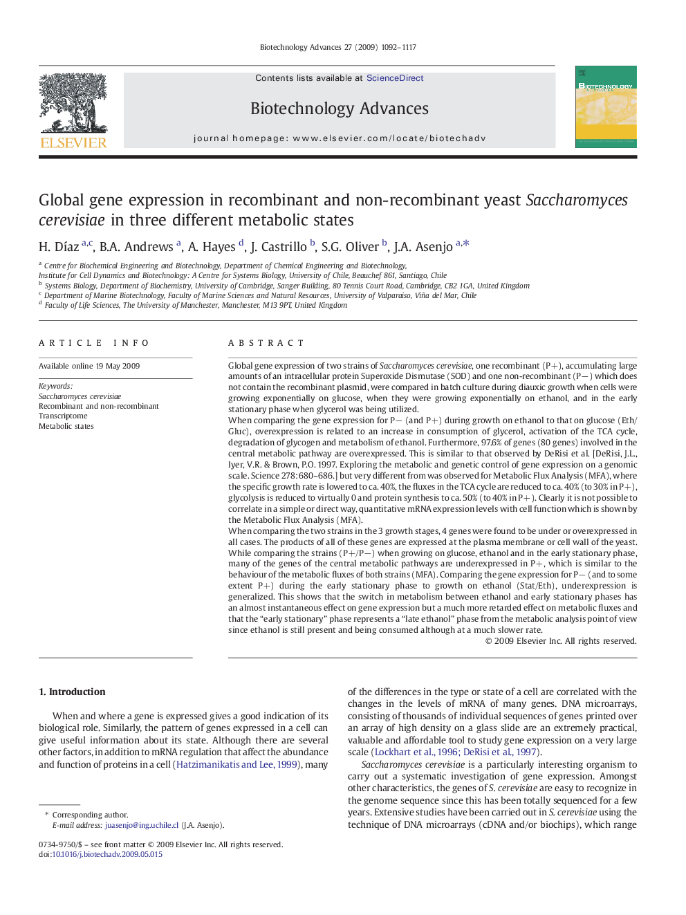 Global gene expression in recombinant and non-recombinant yeast Saccharomyces cerevisiae in three different metabolic states