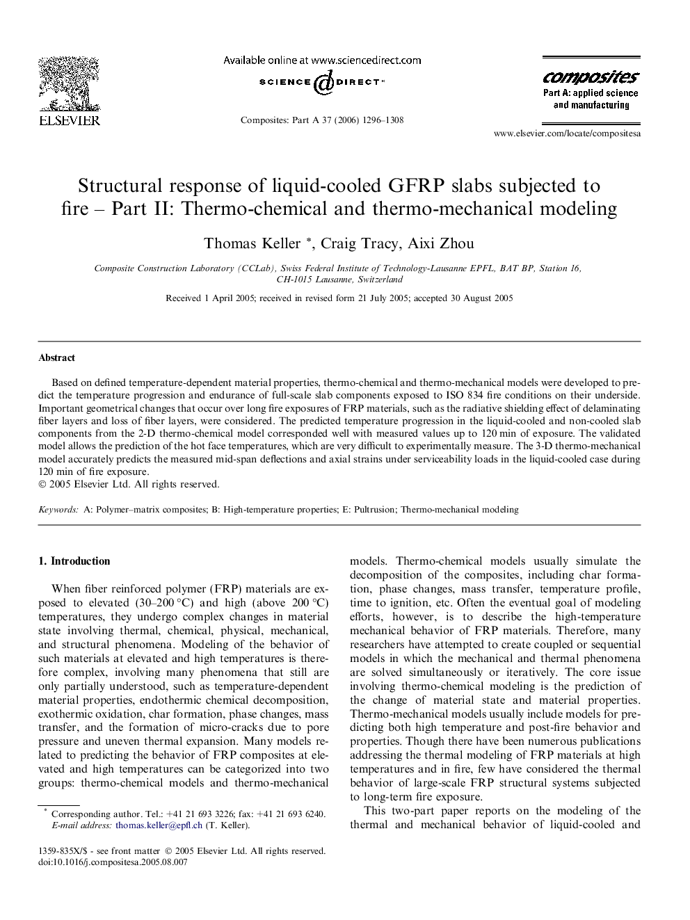 Structural response of liquid-cooled GFRP slabs subjected to fire – Part II: Thermo-chemical and thermo-mechanical modeling