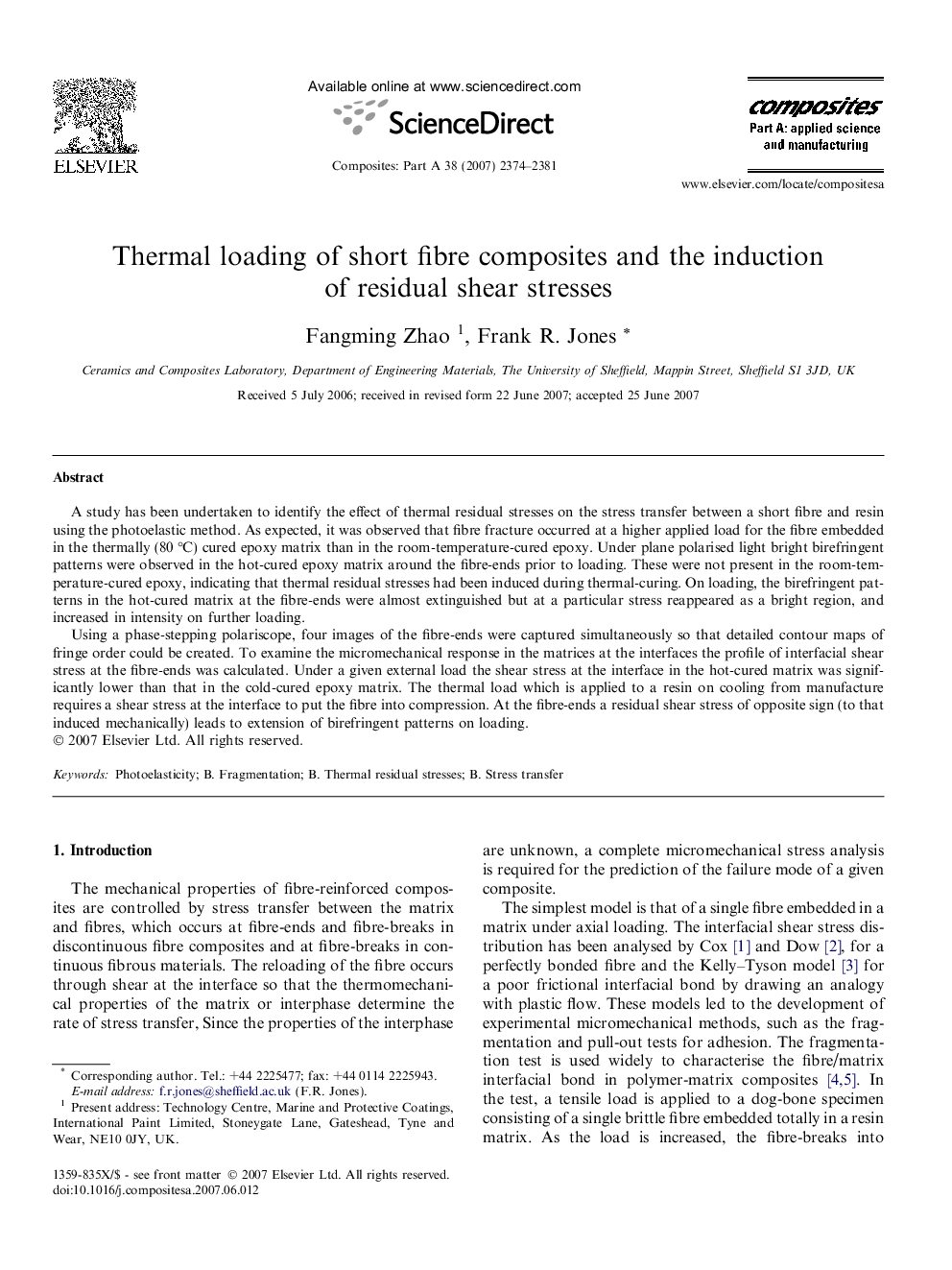 Thermal loading of short fibre composites and the induction of residual shear stresses