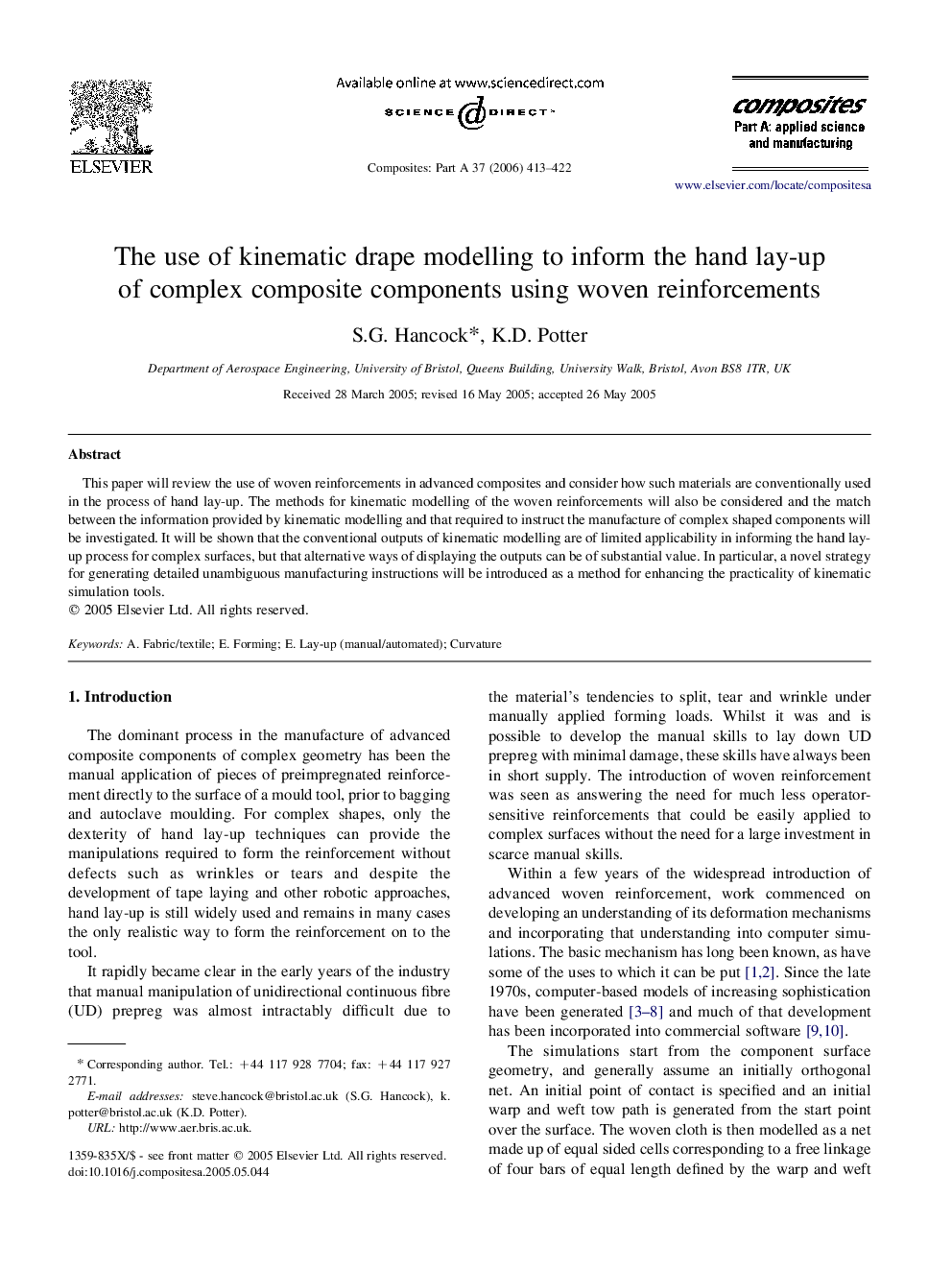 The use of kinematic drape modelling to inform the hand lay-up of complex composite components using woven reinforcements