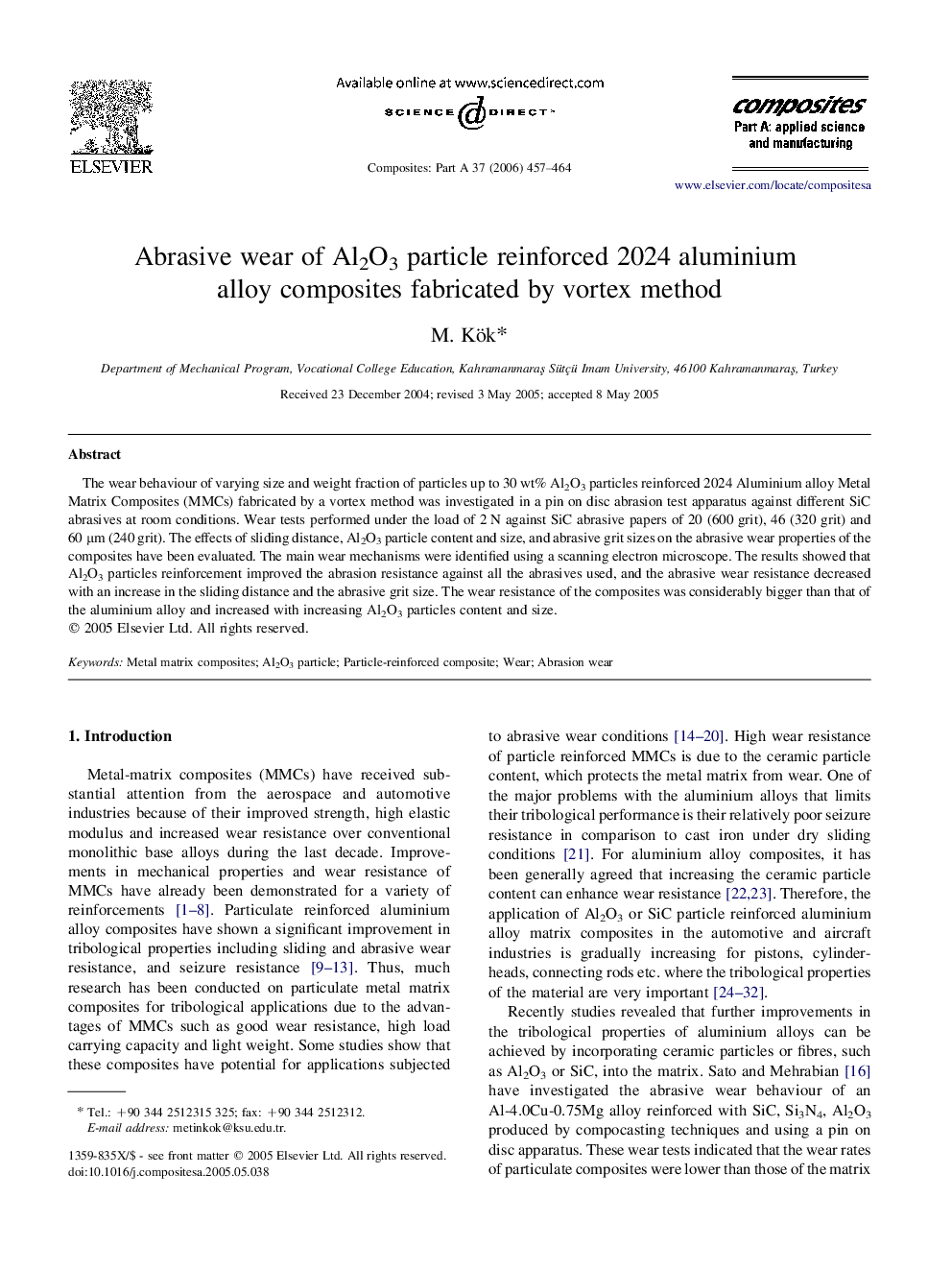 Abrasive wear of Al2O3 particle reinforced 2024 aluminium alloy composites fabricated by vortex method