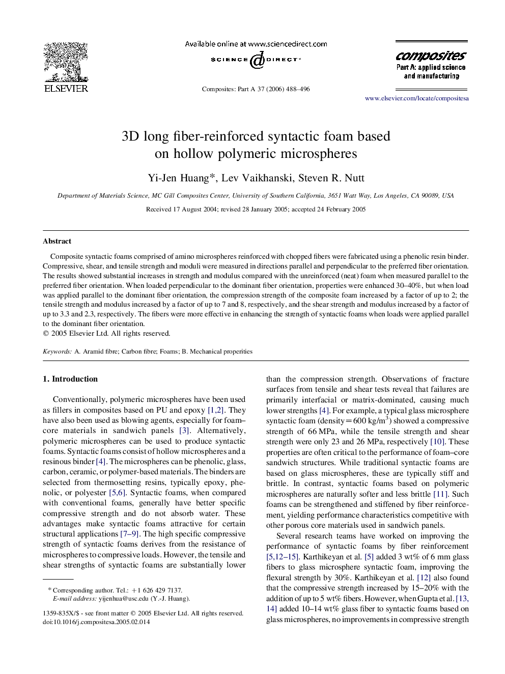 3D long fiber-reinforced syntactic foam based on hollow polymeric microspheres