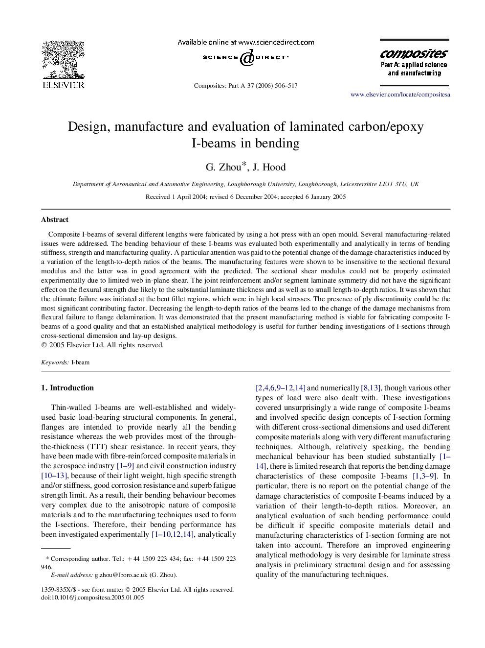 Design, manufacture and evaluation of laminated carbon/epoxy I-beams in bending