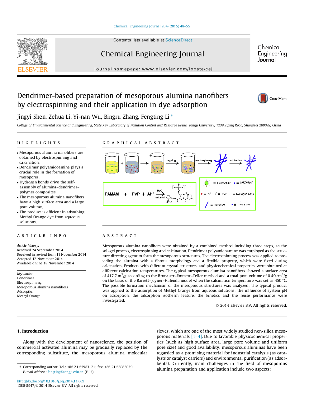 Dendrimer-based preparation of mesoporous alumina nanofibers by electrospinning and their application in dye adsorption