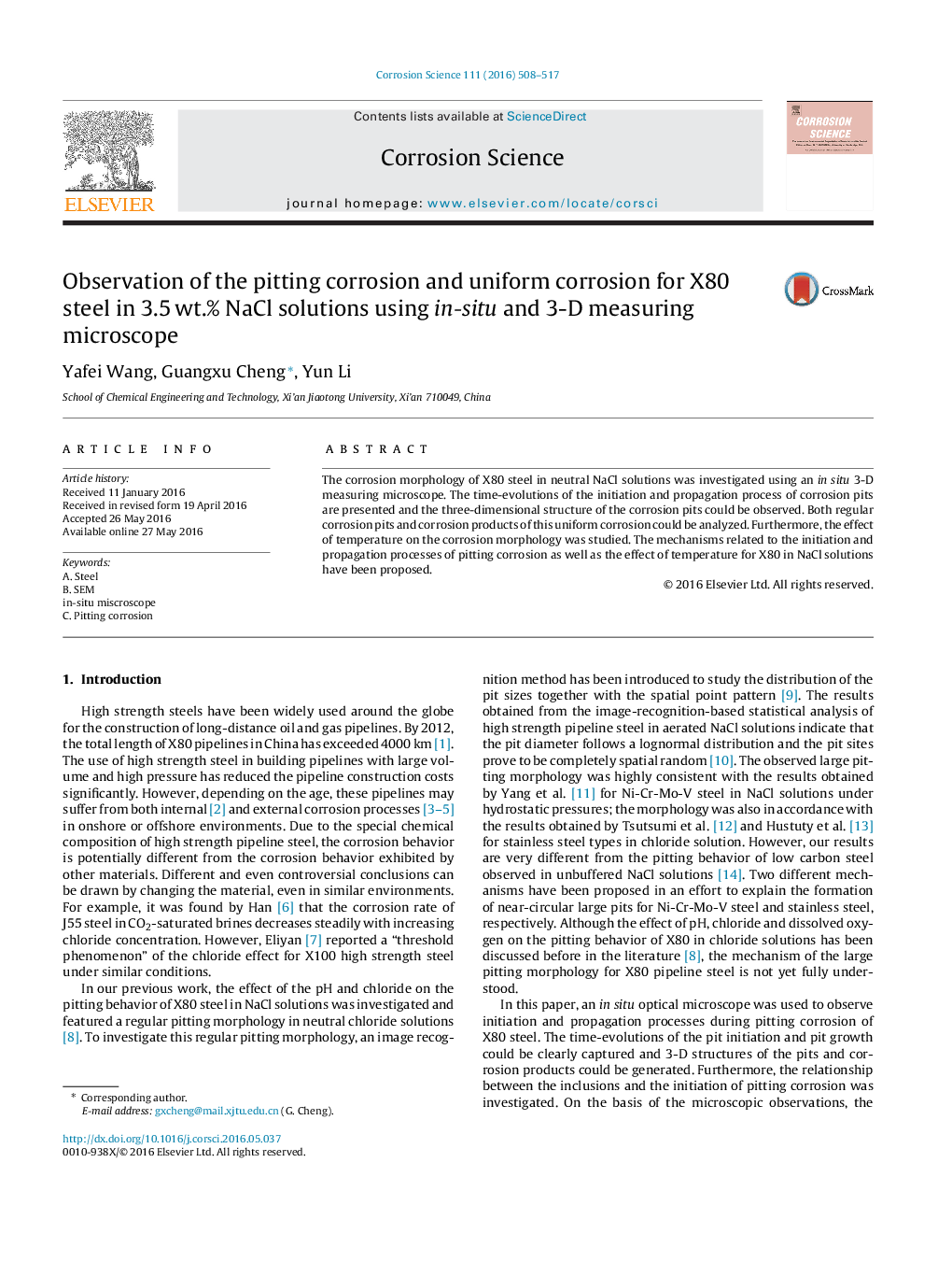 Observation of the pitting corrosion and uniform corrosion for X80 steel in 3.5 wt.% NaCl solutions using in-situ and 3-D measuring microscope