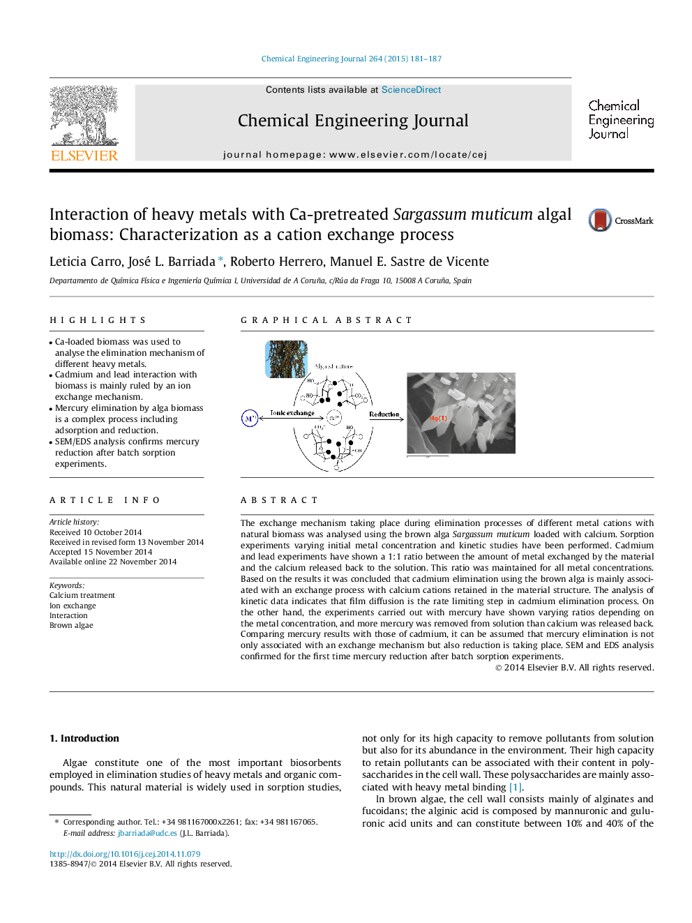 Interaction of heavy metals with Ca-pretreated Sargassum muticum algal biomass: Characterization as a cation exchange process