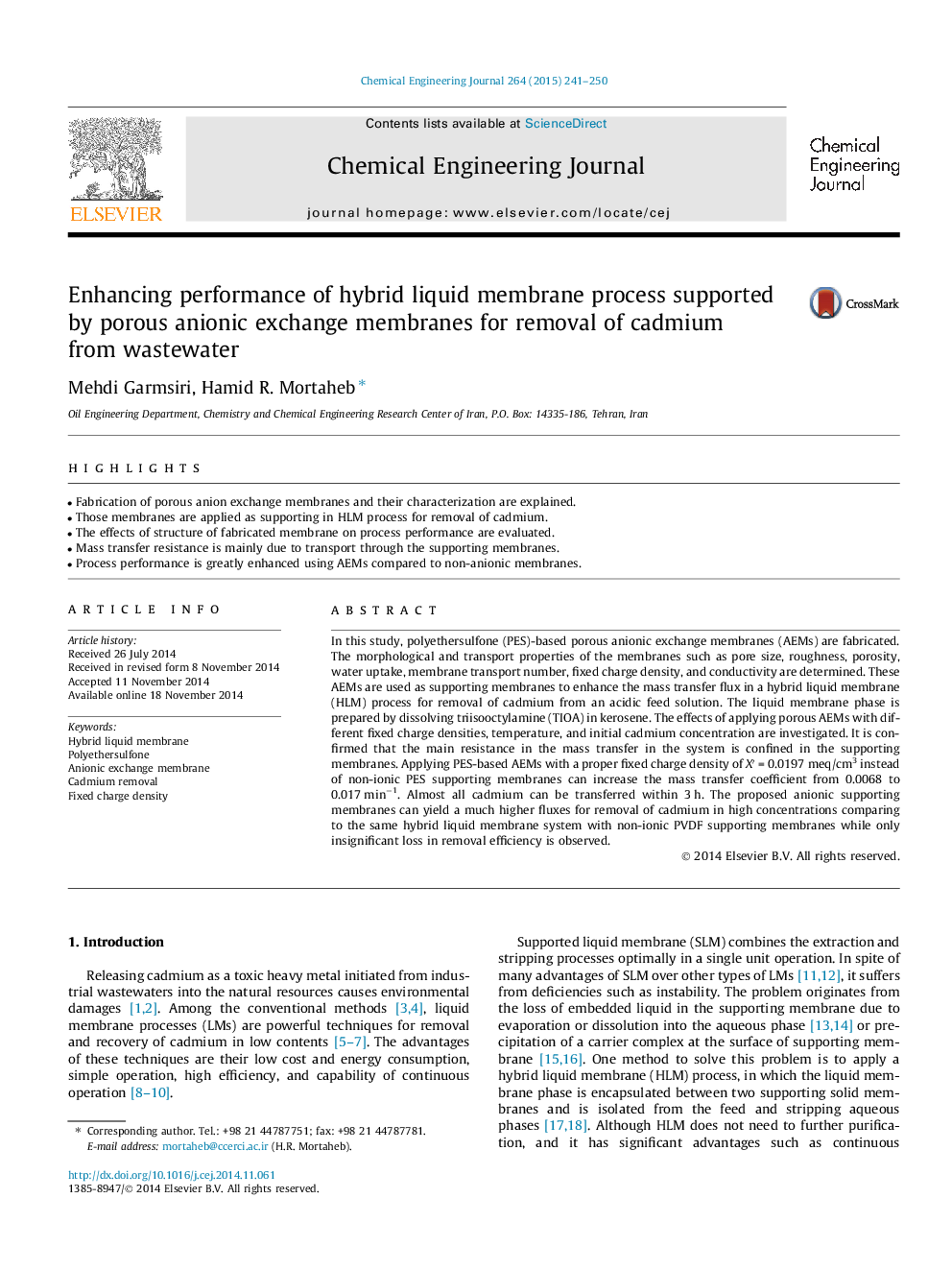 Enhancing performance of hybrid liquid membrane process supported by porous anionic exchange membranes for removal of cadmium from wastewater