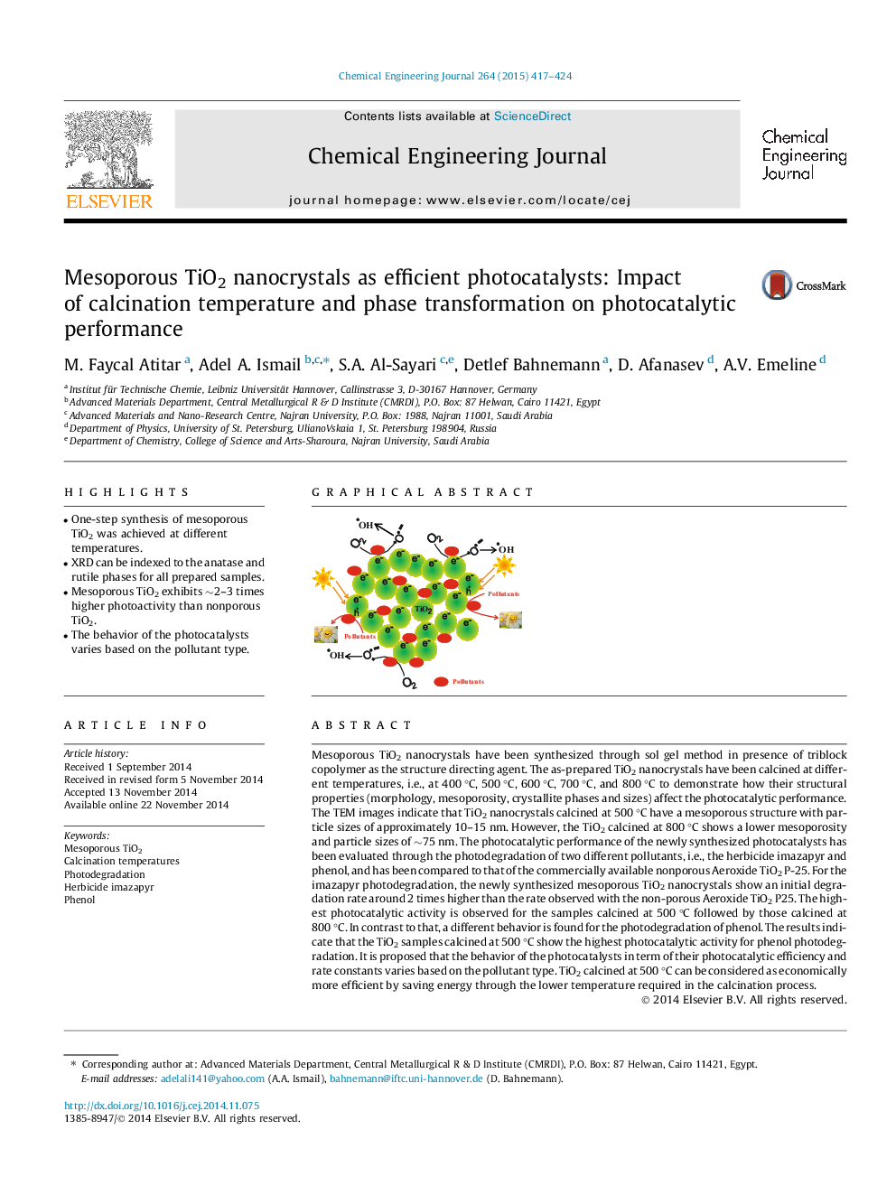 Mesoporous TiO2 nanocrystals as efficient photocatalysts: Impact of calcination temperature and phase transformation on photocatalytic performance