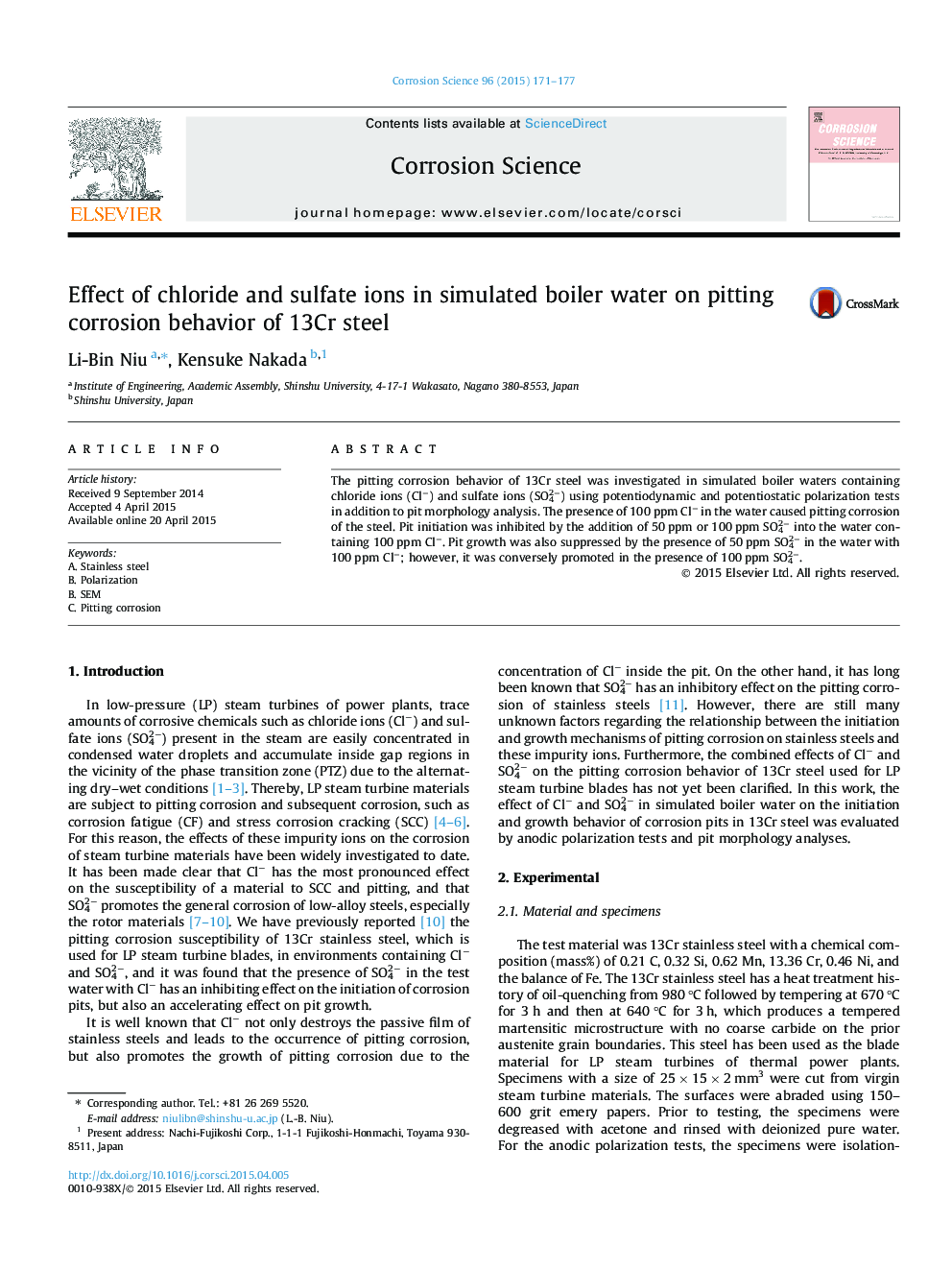 Effect of chloride and sulfate ions in simulated boiler water on pitting corrosion behavior of 13Cr steel