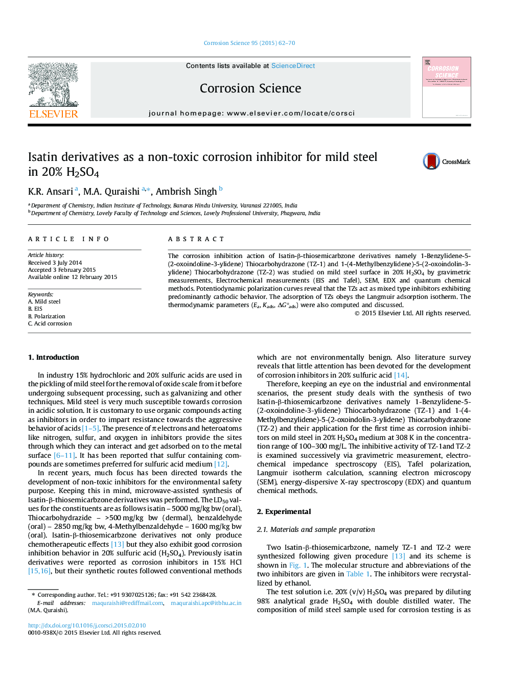 Isatin derivatives as a non-toxic corrosion inhibitor for mild steel in 20% H2SO4