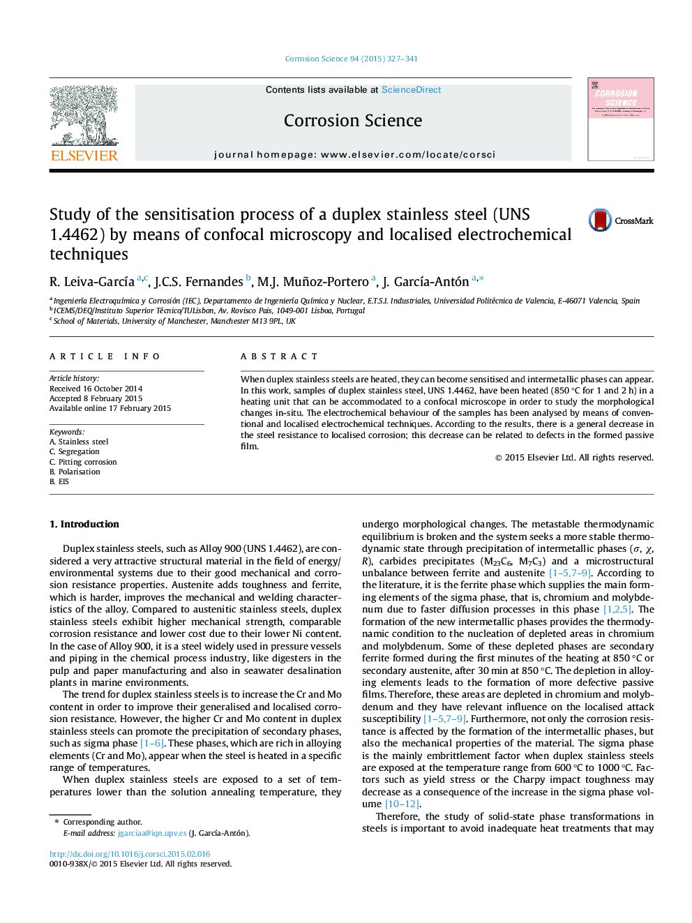 Study of the sensitisation process of a duplex stainless steel (UNS 1.4462) by means of confocal microscopy and localised electrochemical techniques
