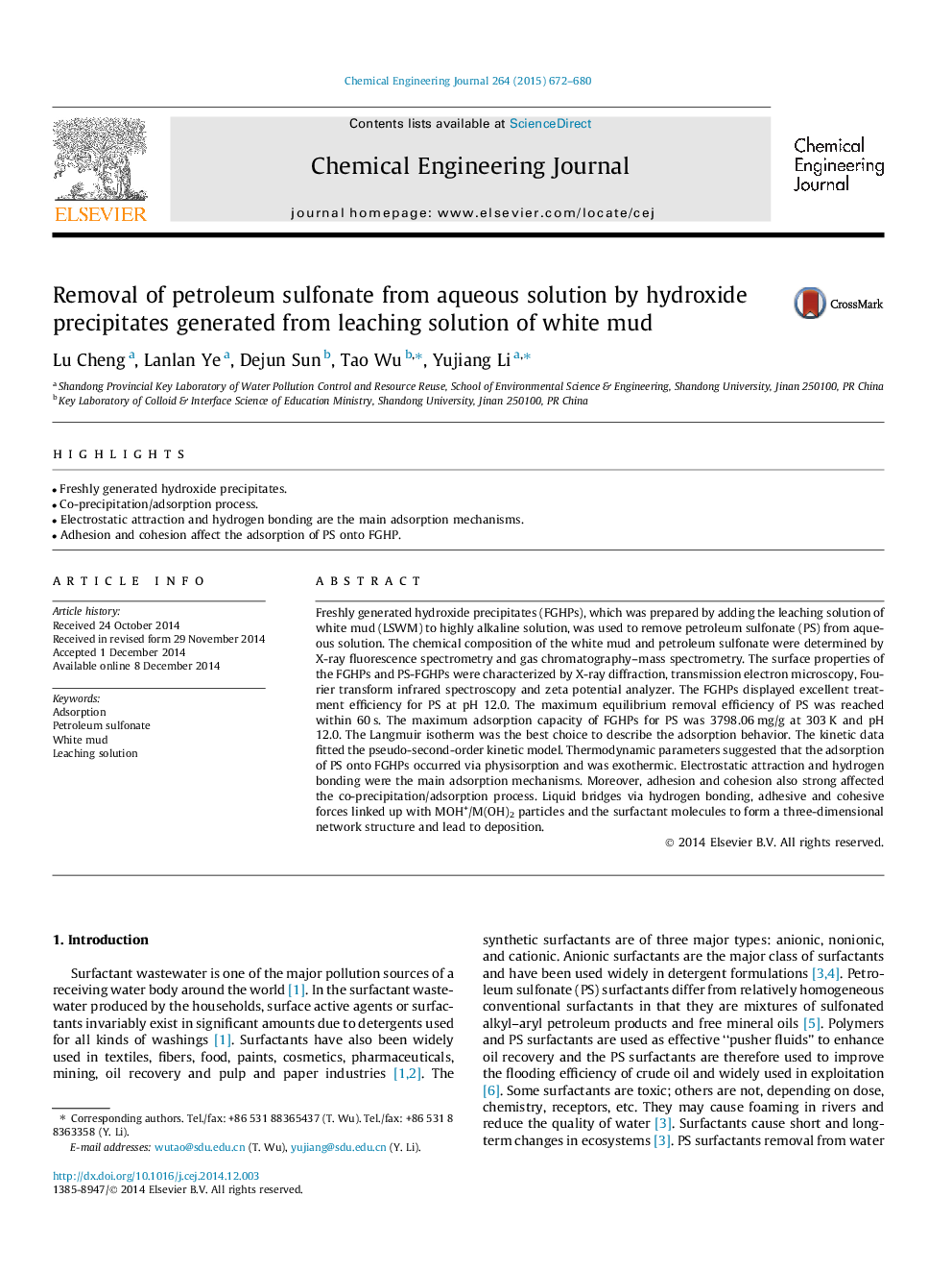 Removal of petroleum sulfonate from aqueous solution by hydroxide precipitates generated from leaching solution of white mud