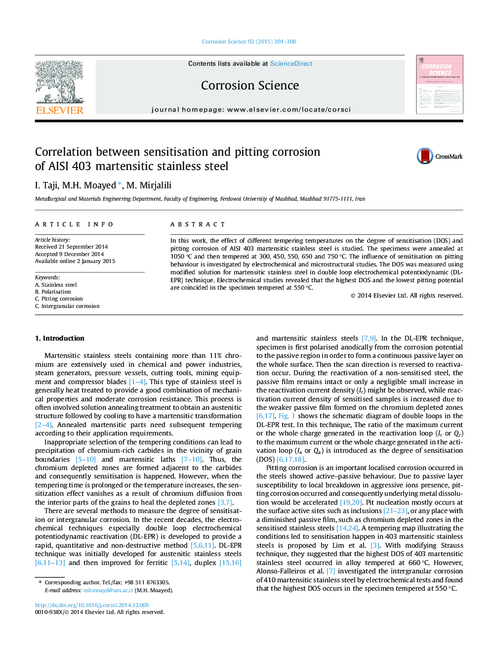 Correlation between sensitisation and pitting corrosion of AISI 403 martensitic stainless steel