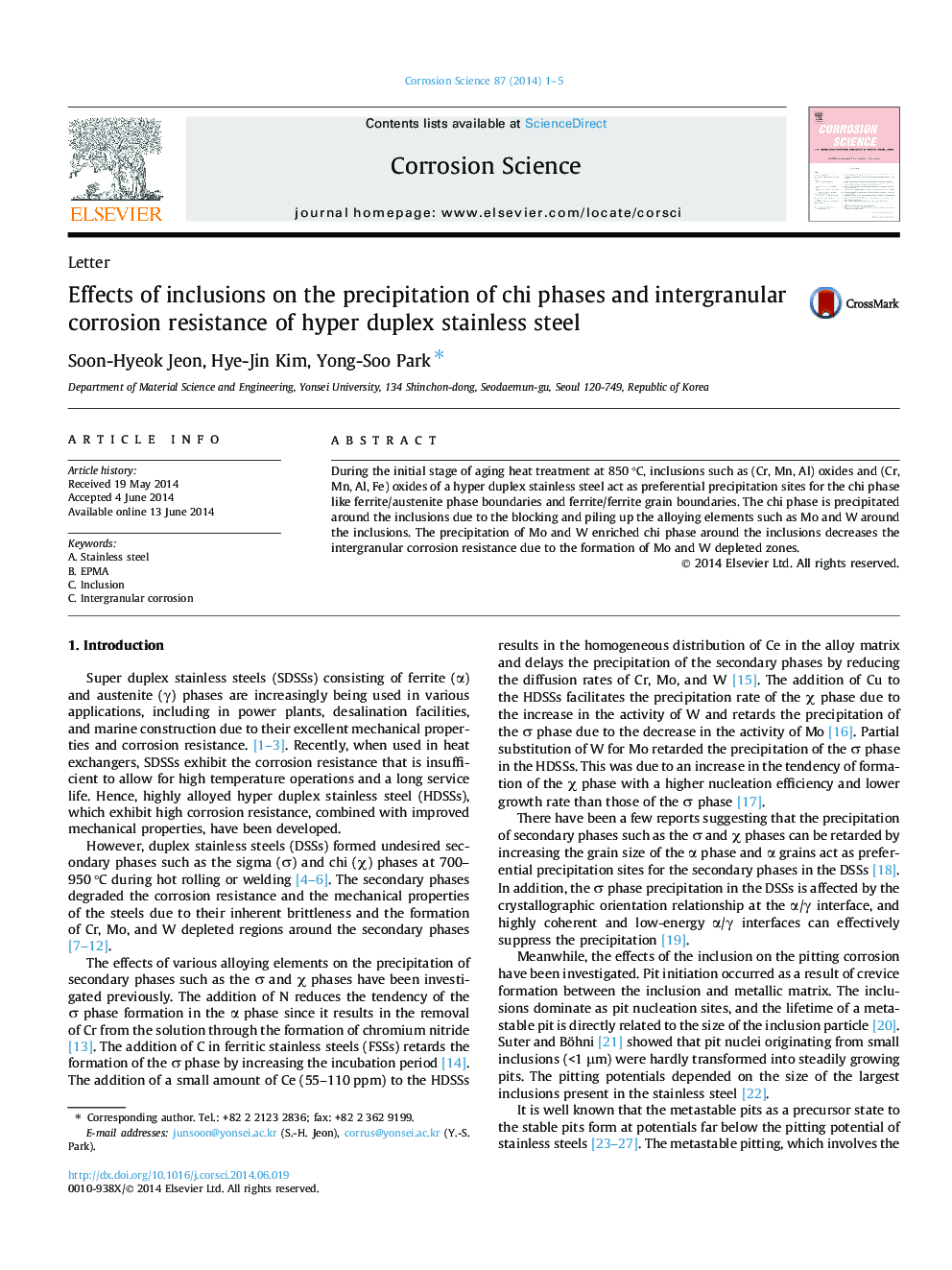 Effects of inclusions on the precipitation of chi phases and intergranular corrosion resistance of hyper duplex stainless steel