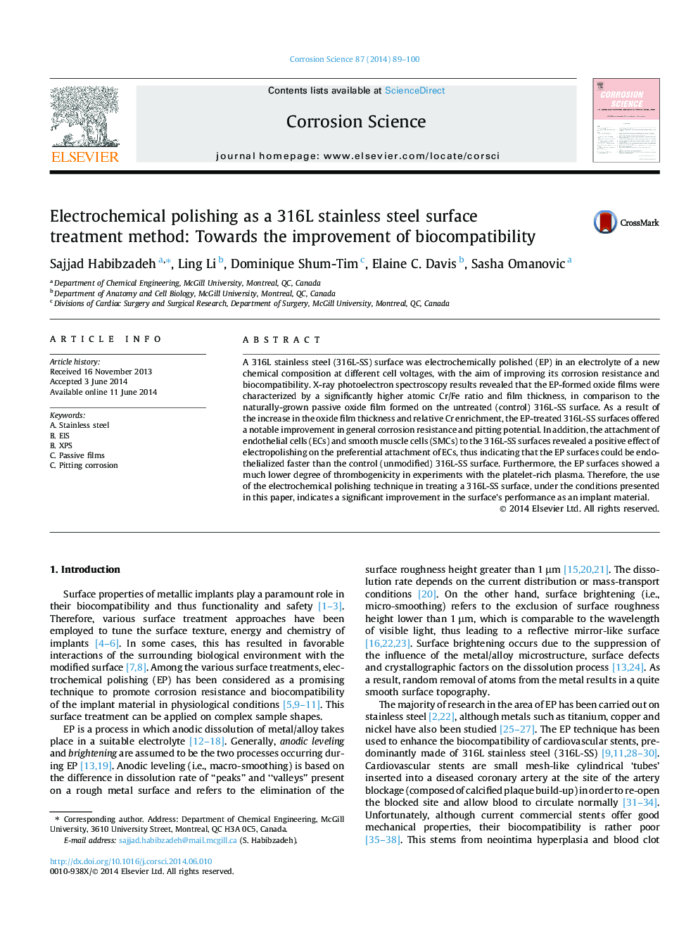 Electrochemical polishing as a 316L stainless steel surface treatment method: Towards the improvement of biocompatibility