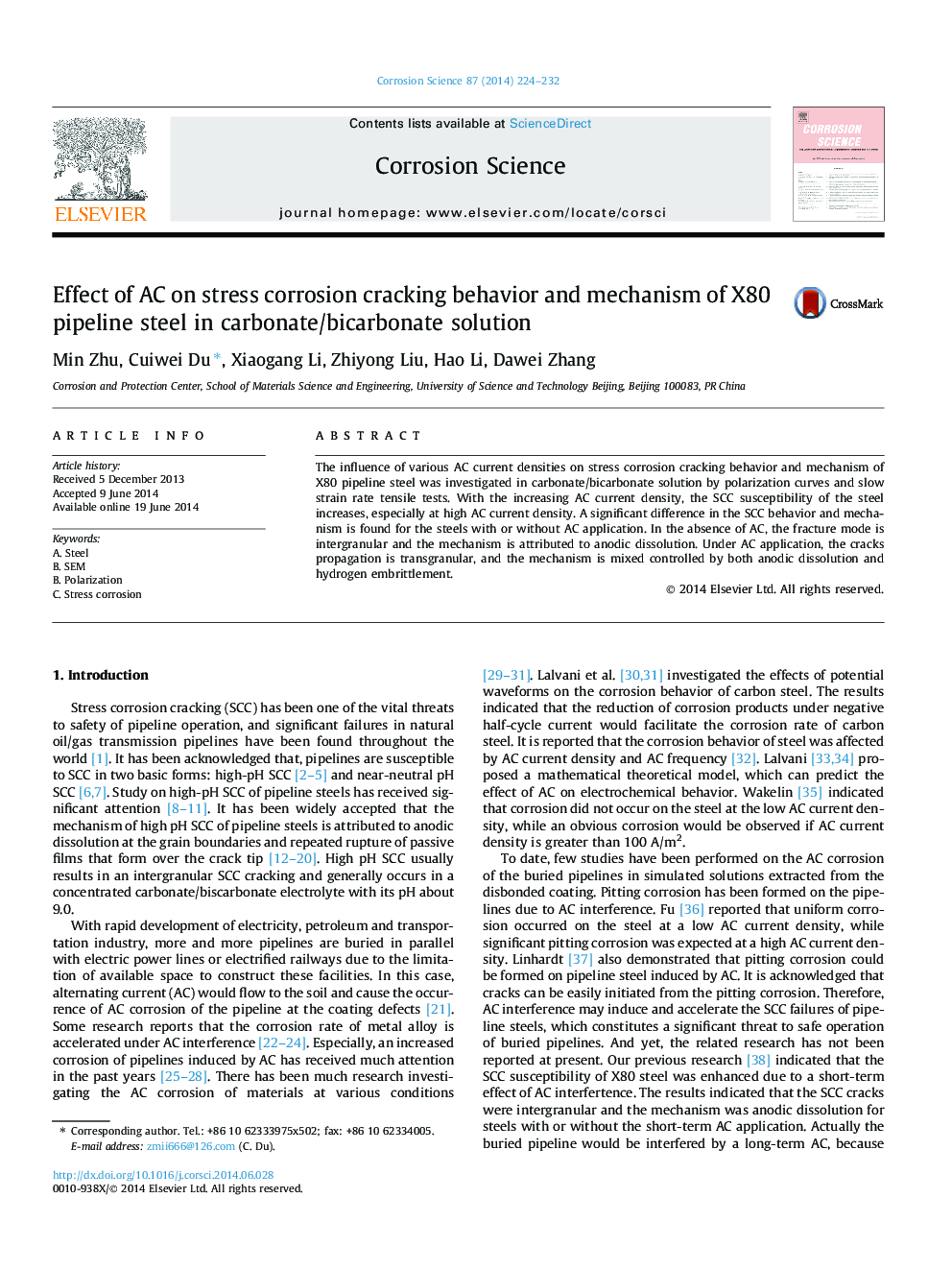 Effect of AC on stress corrosion cracking behavior and mechanism of X80 pipeline steel in carbonate/bicarbonate solution