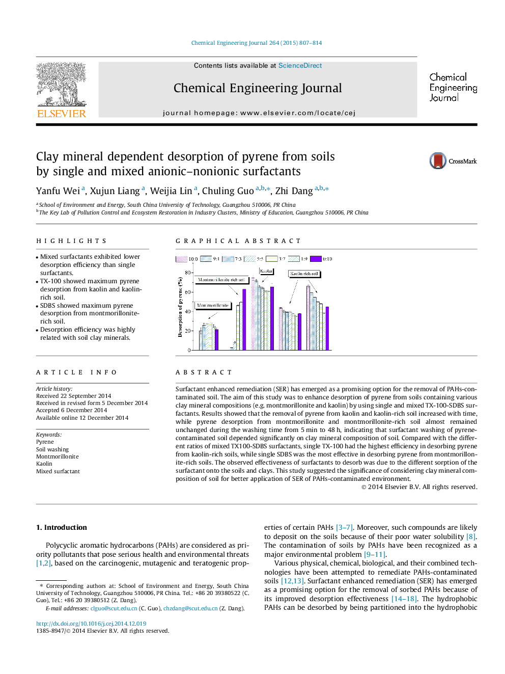 Clay mineral dependent desorption of pyrene from soils by single and mixed anionic–nonionic surfactants