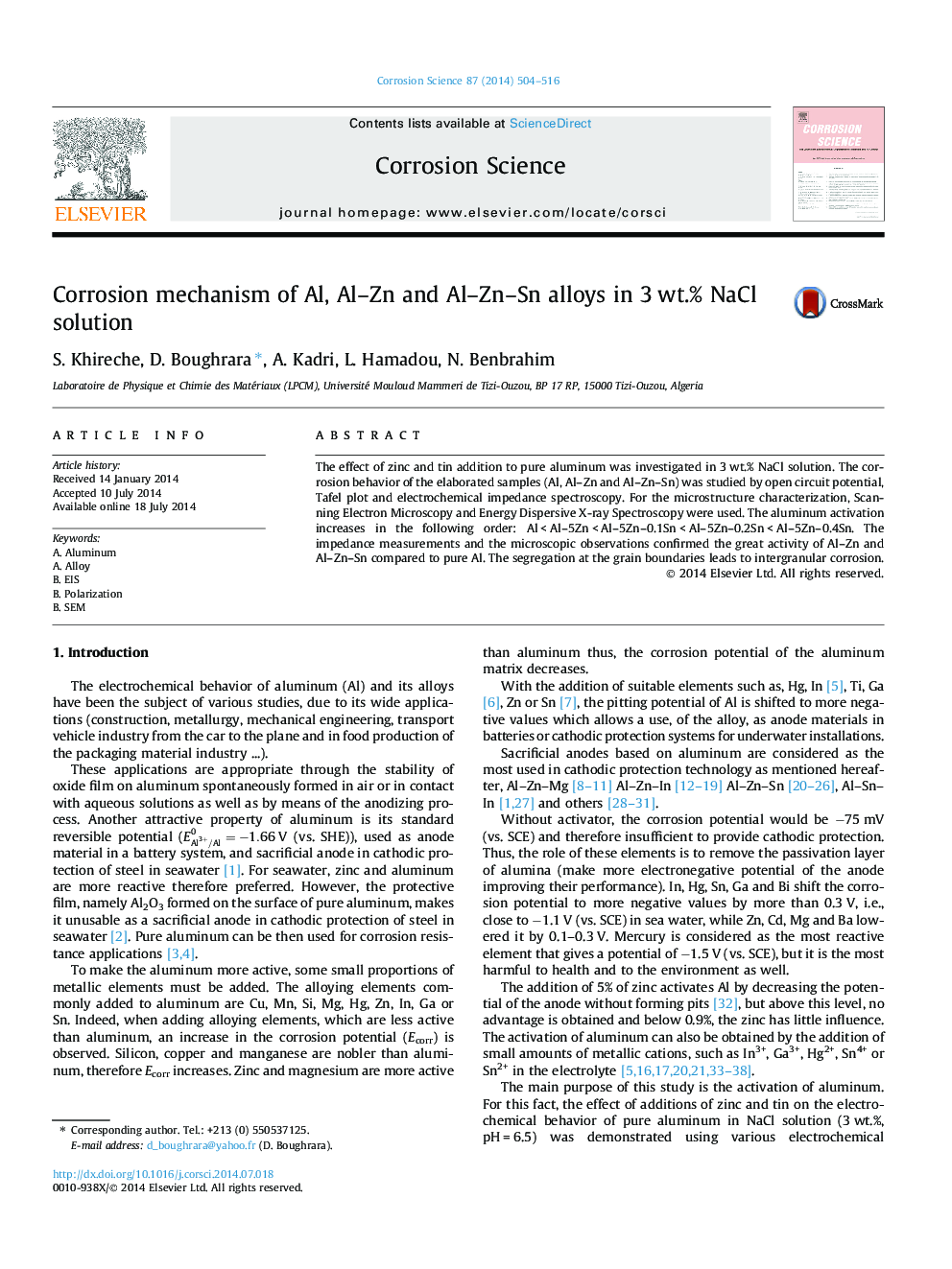 Corrosion mechanism of Al, Al–Zn and Al–Zn–Sn alloys in 3 wt.% NaCl solution