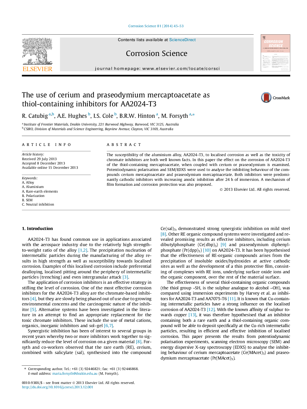 The use of cerium and praseodymium mercaptoacetate as thiol-containing inhibitors for AA2024-T3