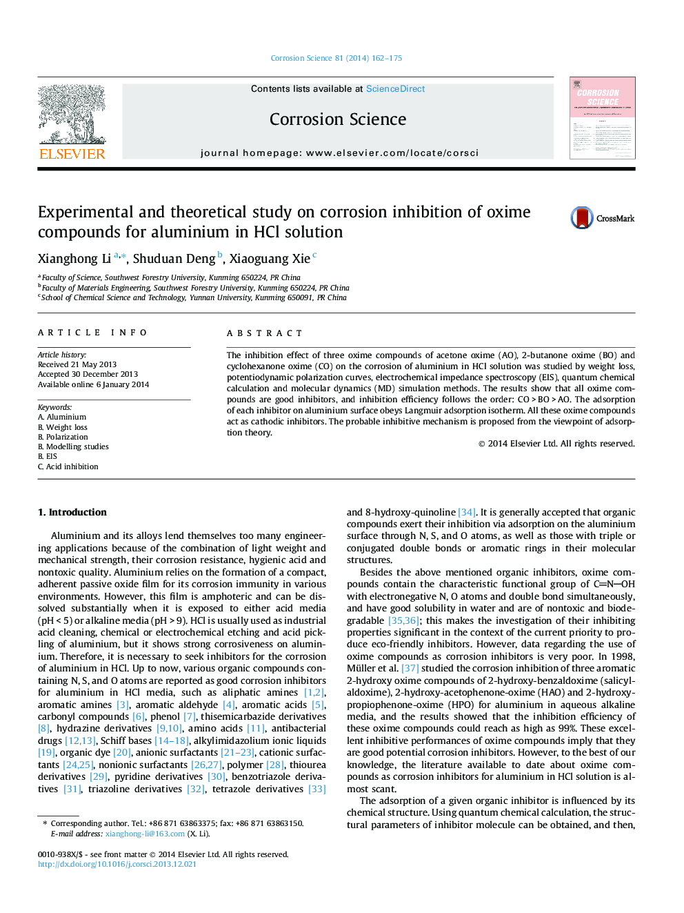 Experimental and theoretical study on corrosion inhibition of oxime compounds for aluminium in HCl solution