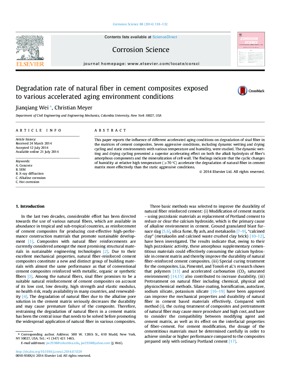 Degradation rate of natural fiber in cement composites exposed to various accelerated aging environment conditions