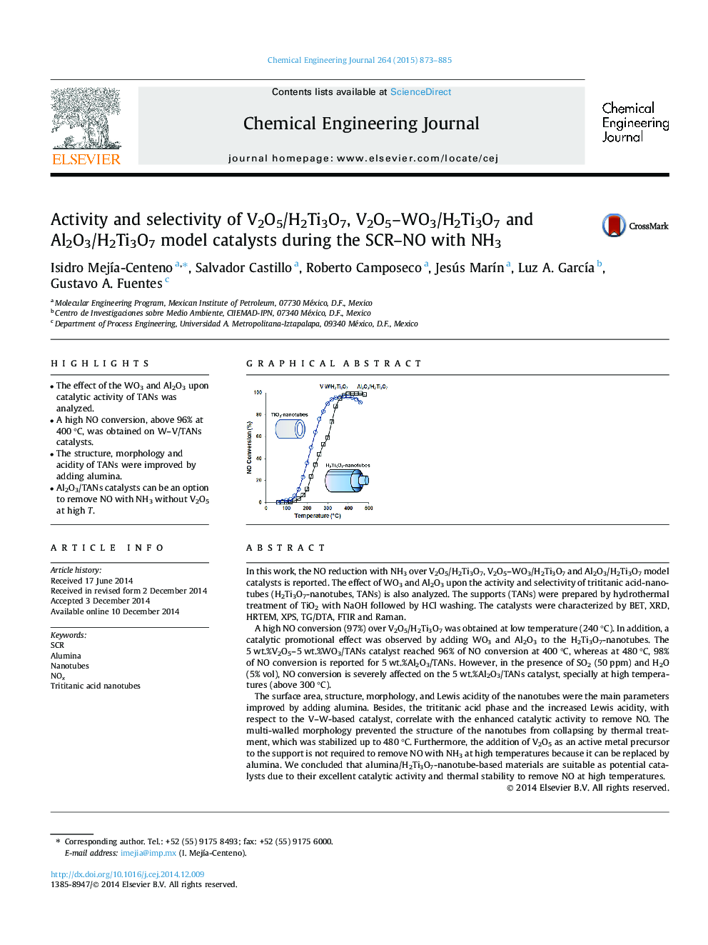 عکس صفحه اول مقاله: Activity and selectivity of V2O5/H2Ti3O7, V2O5–WO3/H2Ti3O7 and Al2O3/H2Ti3O7 model catalysts during the SCR–NO with NH3 Activity and selectivity of V2O5/H2Ti3O7, V2O5–WO3/H2Ti3O7 and Al2O3/H2Ti3O7 model catalysts during the SCR–NO with NH3