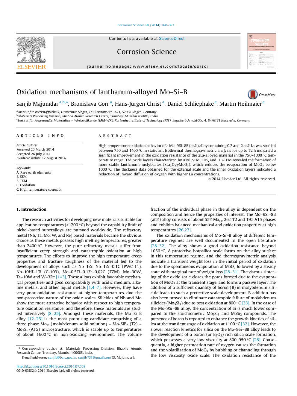 Oxidation mechanisms of lanthanum-alloyed Mo–Si–B