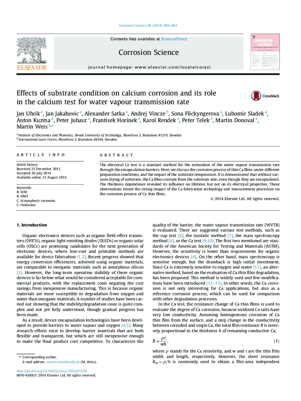 Effects of substrate condition on calcium corrosion and its role in the calcium test for water vapour transmission rate