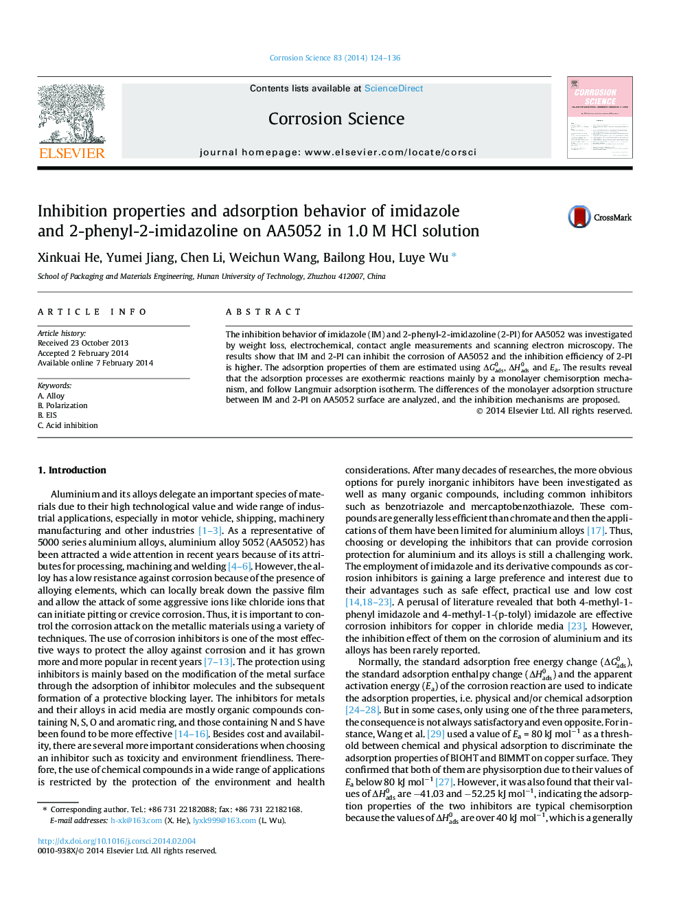 Inhibition properties and adsorption behavior of imidazole and 2-phenyl-2-imidazoline on AA5052 in 1.0 M HCl solution