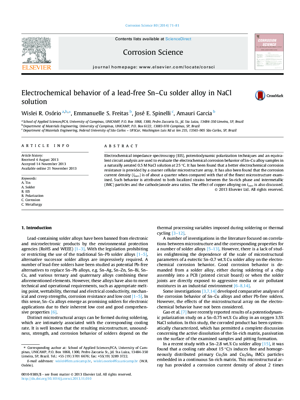 Electrochemical behavior of a lead-free Sn–Cu solder alloy in NaCl solution