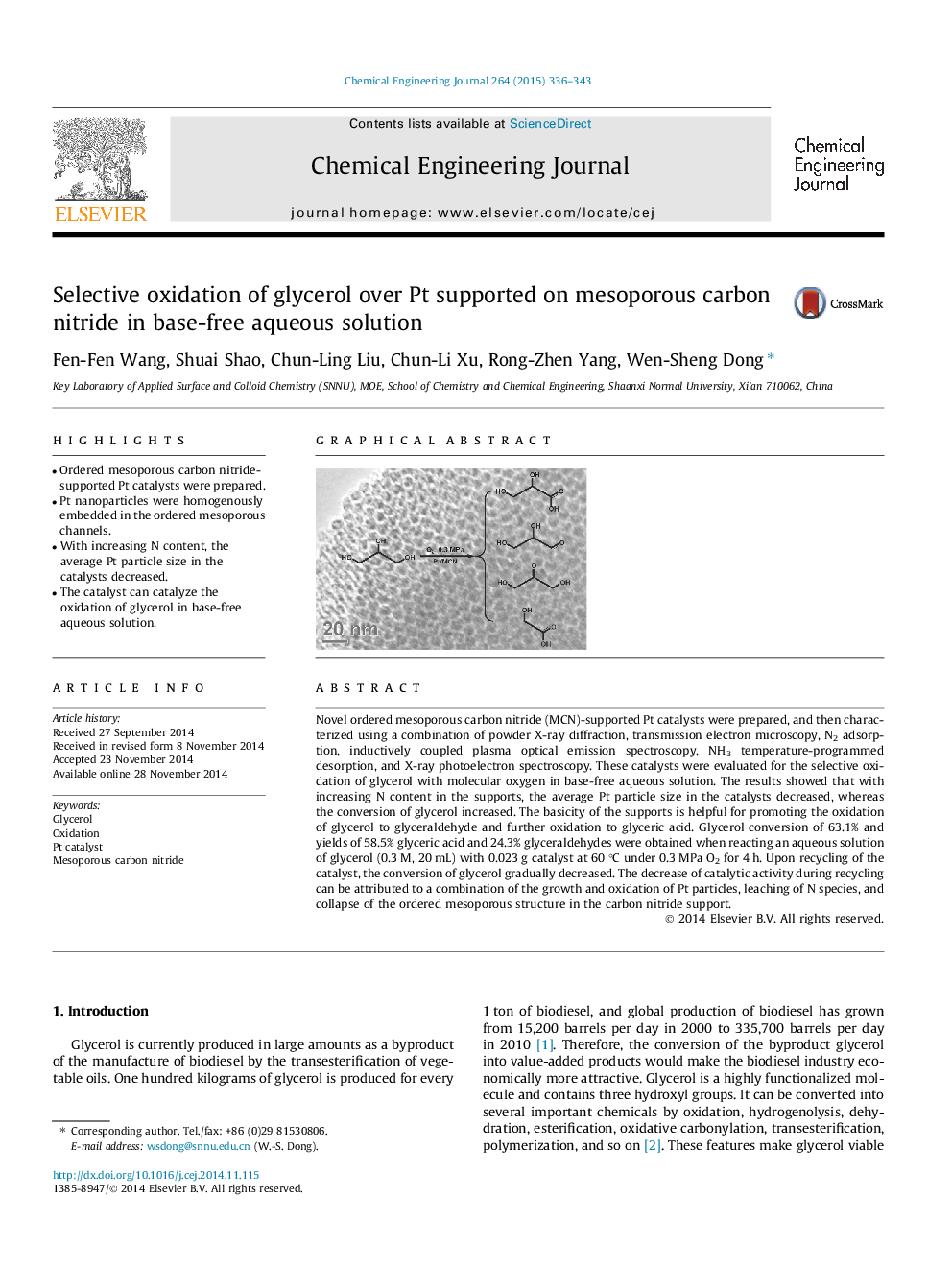 Selective oxidation of glycerol over Pt supported on mesoporous carbon nitride in base-free aqueous solution