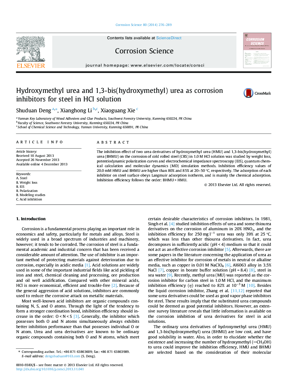 Hydroxymethyl urea and 1,3-bis(hydroxymethyl) urea as corrosion inhibitors for steel in HCl solution