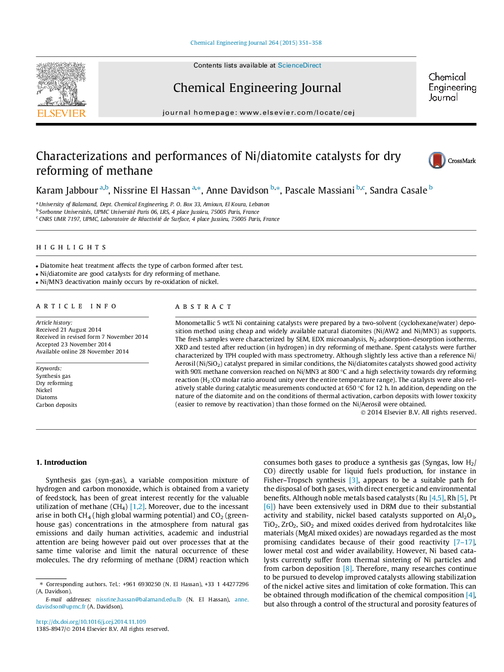 Characterizations and performances of Ni/diatomite catalysts for dry reforming of methane