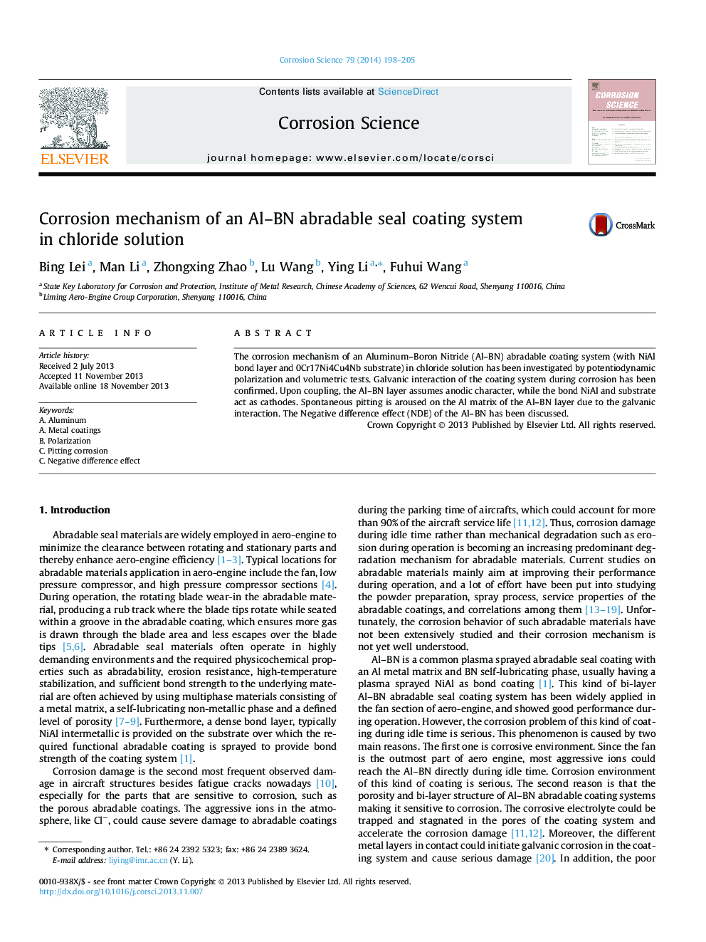 Corrosion mechanism of an Al–BN abradable seal coating system in chloride solution