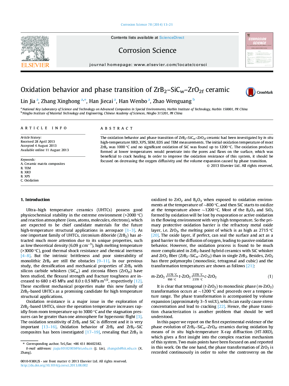 Oxidation behavior and phase transition of ZrB2–SiCw–ZrO2f ceramic