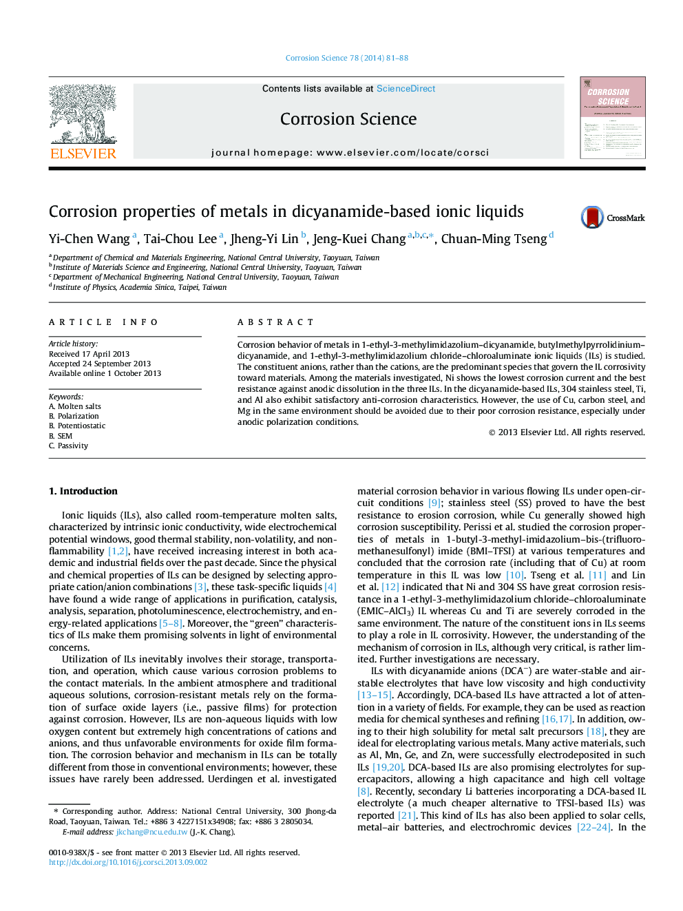 Corrosion properties of metals in dicyanamide-based ionic liquids