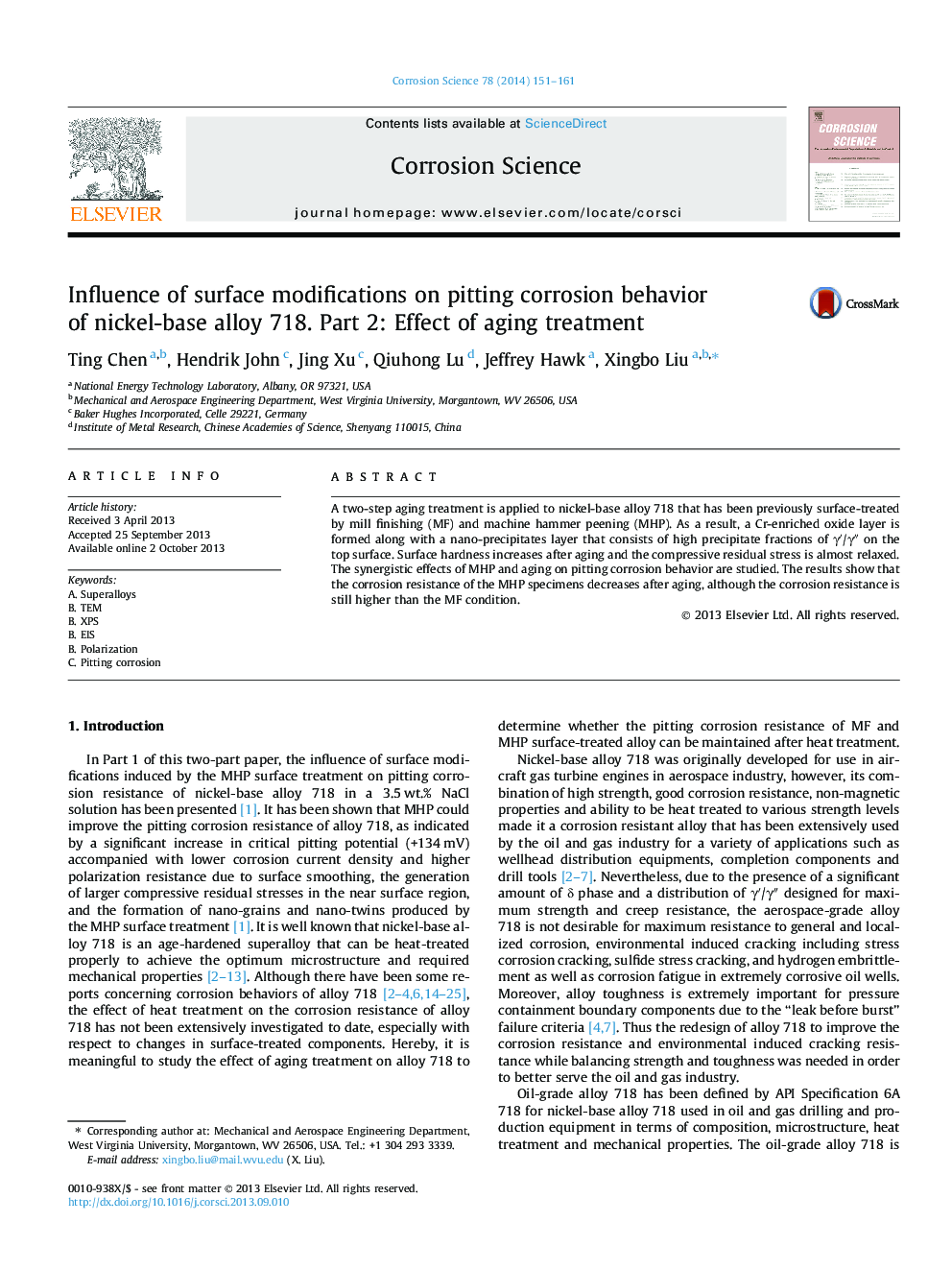 Influence of surface modifications on pitting corrosion behavior of nickel-base alloy 718. Part 2: Effect of aging treatment