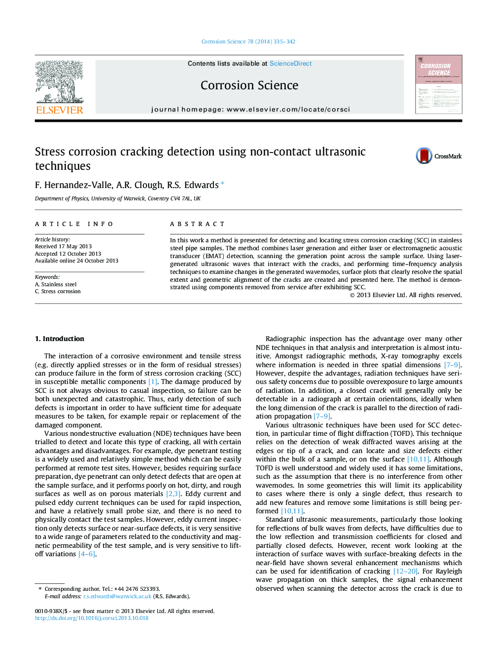 Stress corrosion cracking detection using non-contact ultrasonic techniques