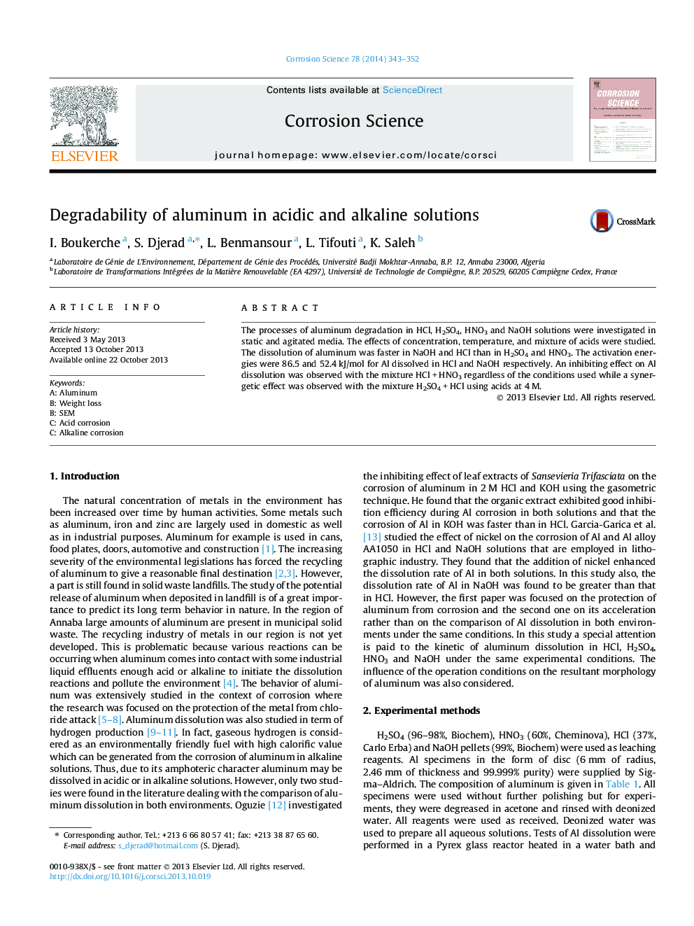 Degradability of aluminum in acidic and alkaline solutions